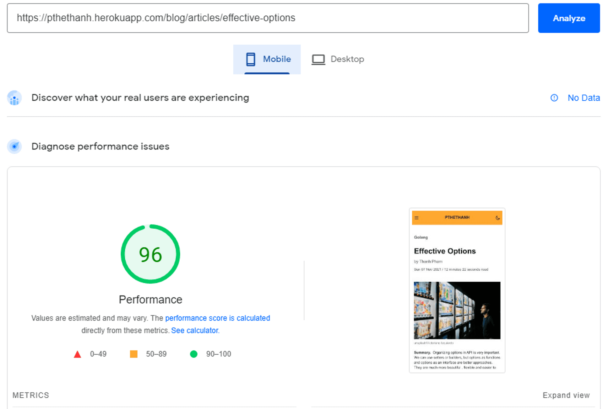Page Speed Insights score of https://pthethanh.herokuapp.com/